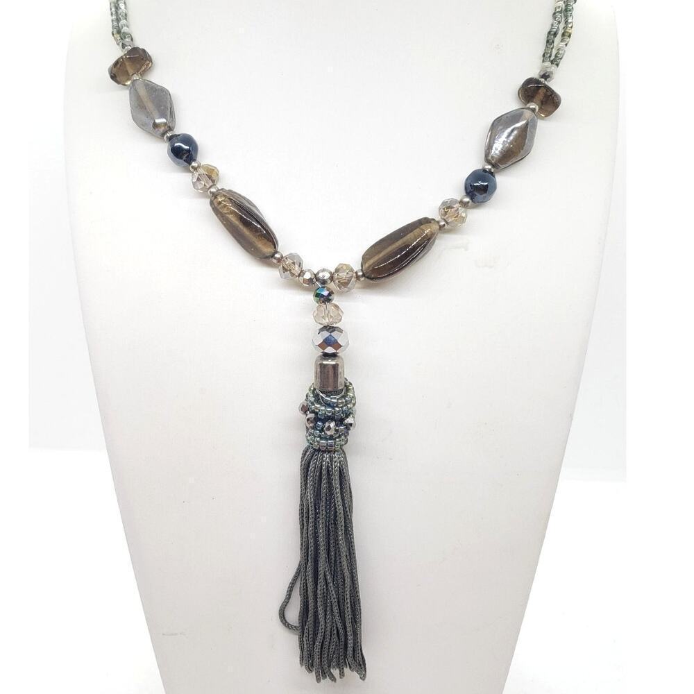 Vintage Beaded Tassel Necklace Glass Beads Multi Strand Boho Statement long